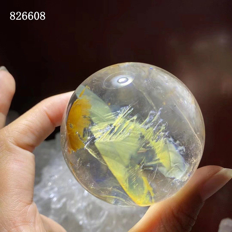 天然异像水晶黄胶花球黄色鸩羽幽灵蓝针共生摆件