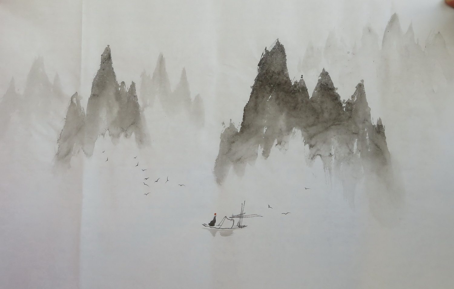 水墨禅意人物山水画特价四尺三开手绘国画客厅国画