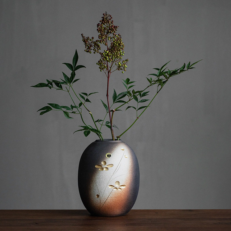 花瓶信乐烧日本进口金彩日式手工复古古风客厅花瓶
