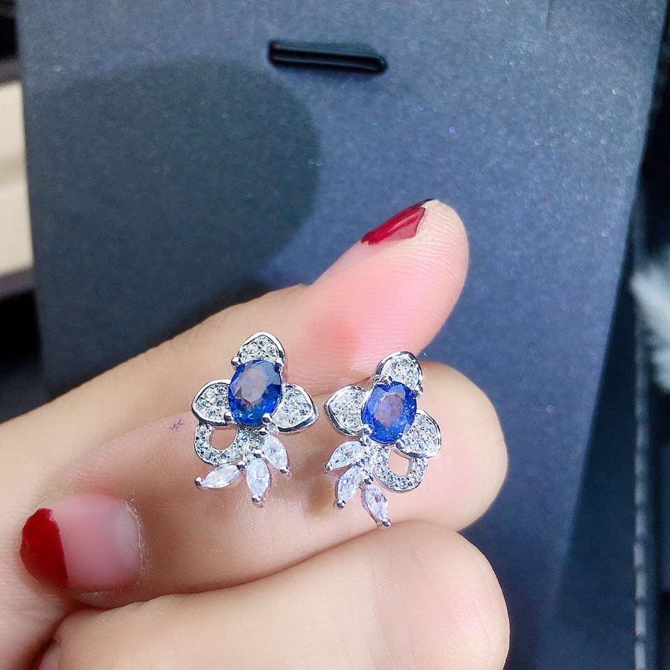 浅蓝色天然蓝宝石耳钉纯银耳饰女镀白金金时尚个性耳钉