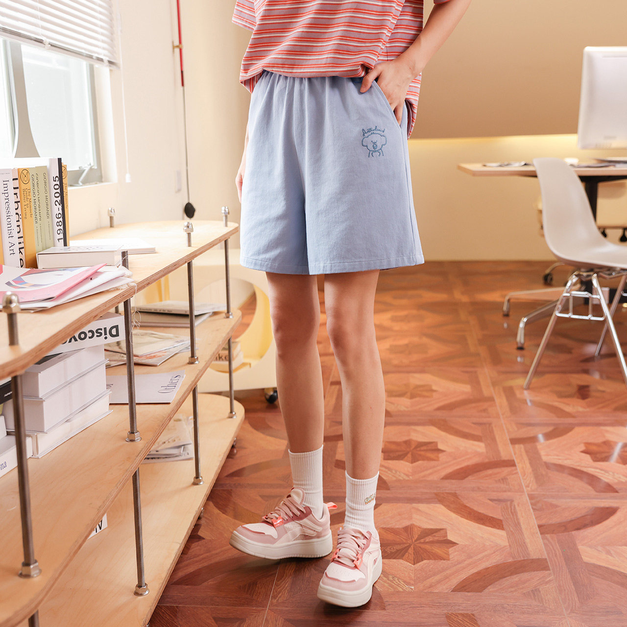 蓝色直筒五分中裤日短裤女夏薄款辣妹阔腿运动休闲裤