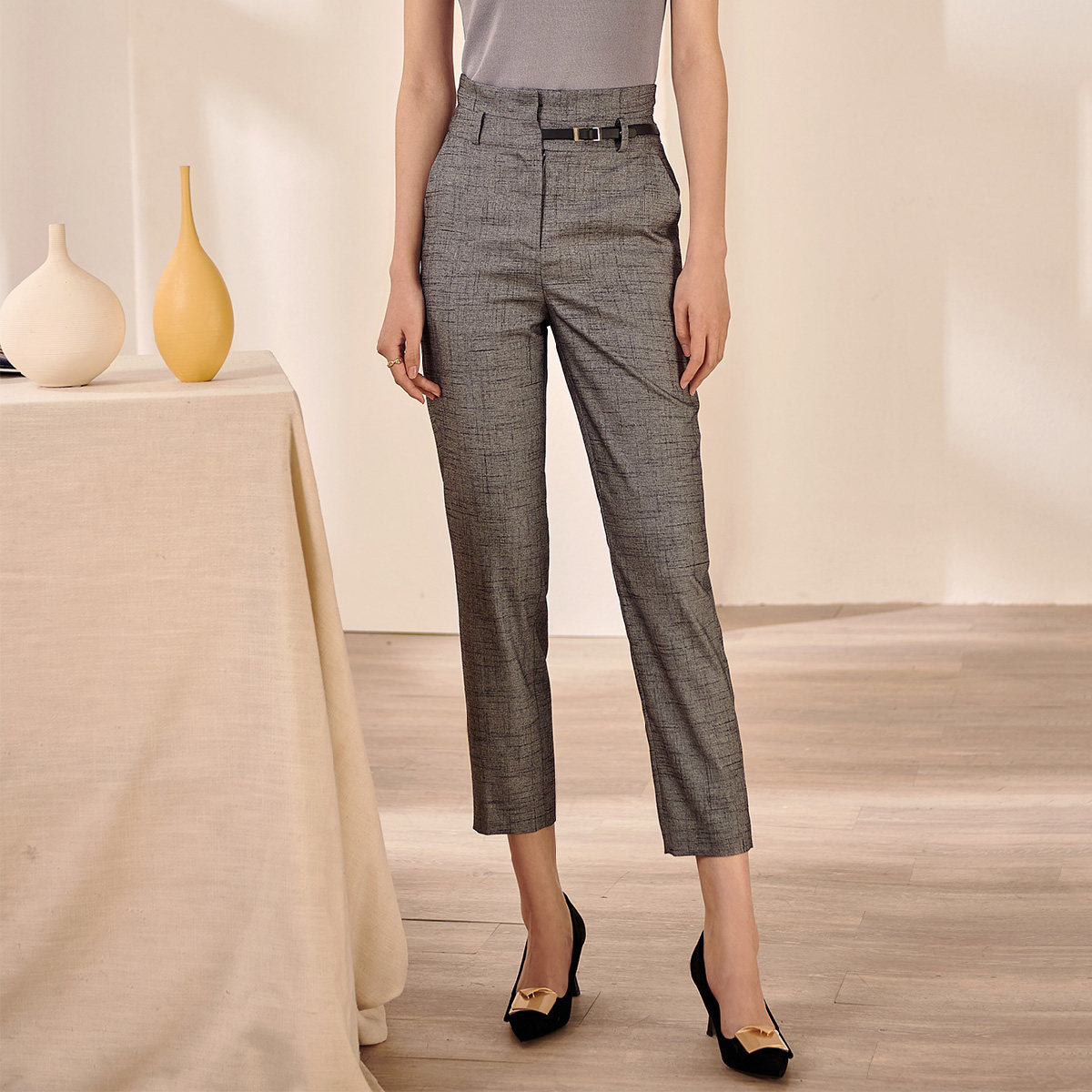 米思阳2022春装新款高腰筒裤气质灰色修身显瘦休闲裤