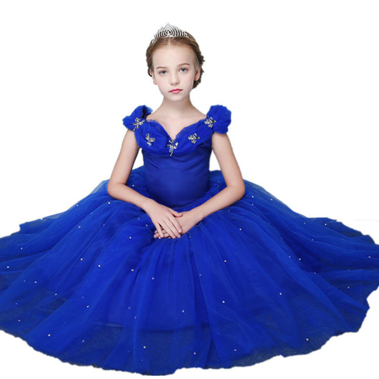 表演灰姑娘礼服出租女童蓝色一字蓬蓬纱裙租赁儿童演出服