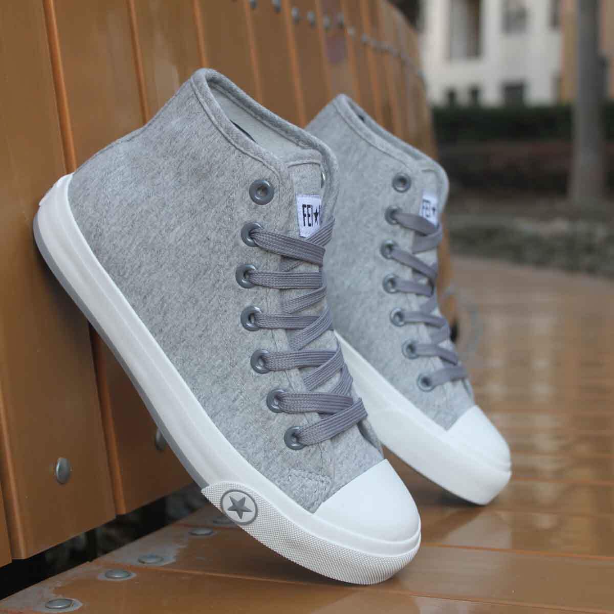 飞耀帆布布鞋男鞋韩版板鞋高帮鞋男潮流白色系带帆布鞋