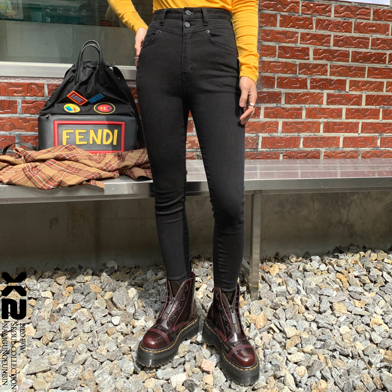 sundy韩国代购x2高腰炭黑2粒修身打底拉丝牛仔裤