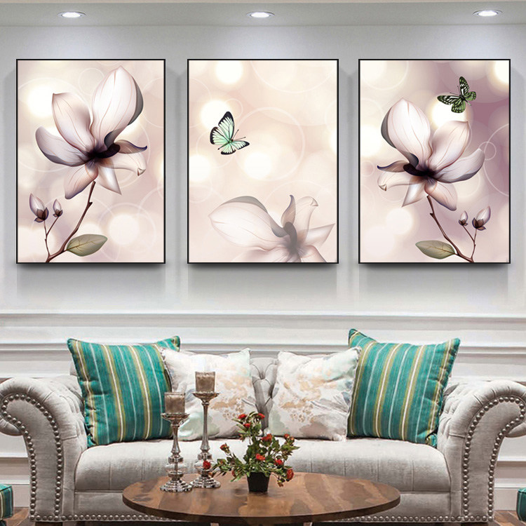 客厅装饰画清新花卉现代水晶沙发背景墙三联壁画现代装饰画