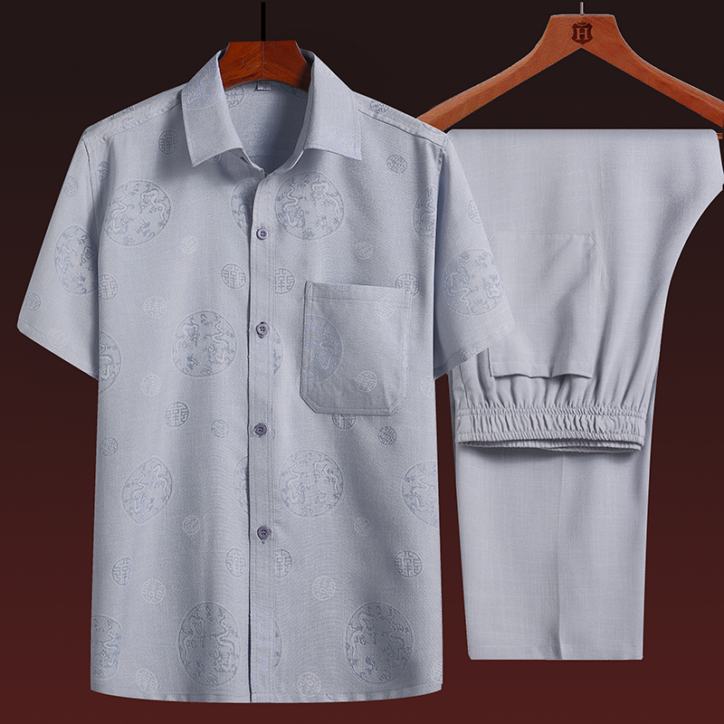 唐装中老年棉麻短袖衬衫男夏季老年人宽松薄爷爷休闲翻领衬衣套装