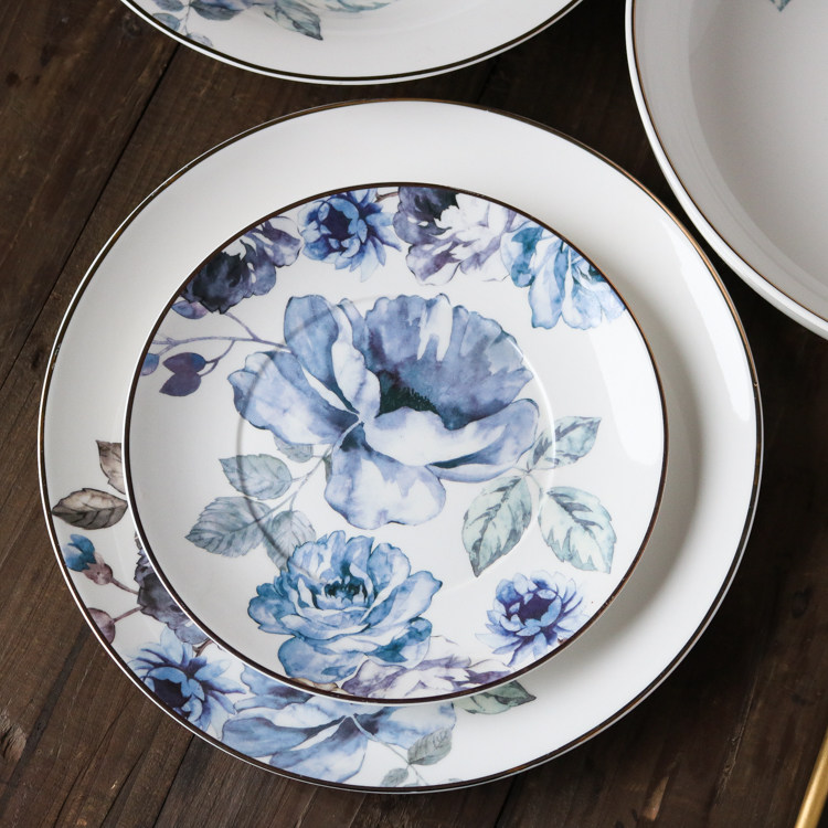 w1962陶瓷大号甜品餐盘西餐金边出口花卉玫瑰花盘