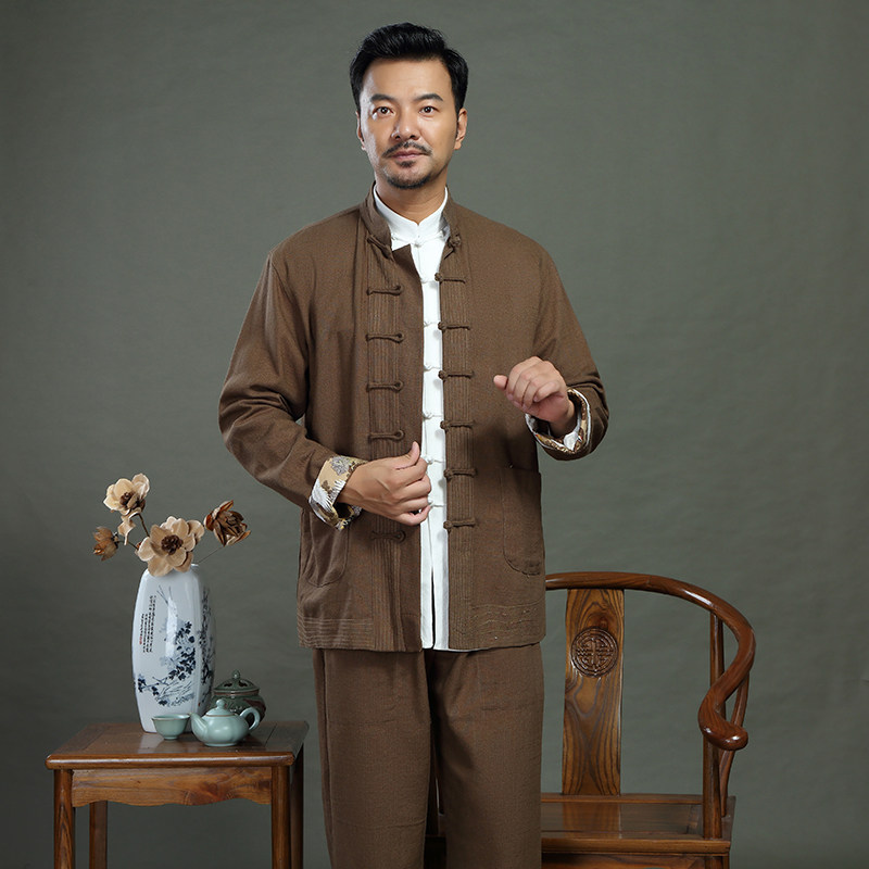 唐装亚麻套装春秋男士三件件套中式汉服禅意唐装