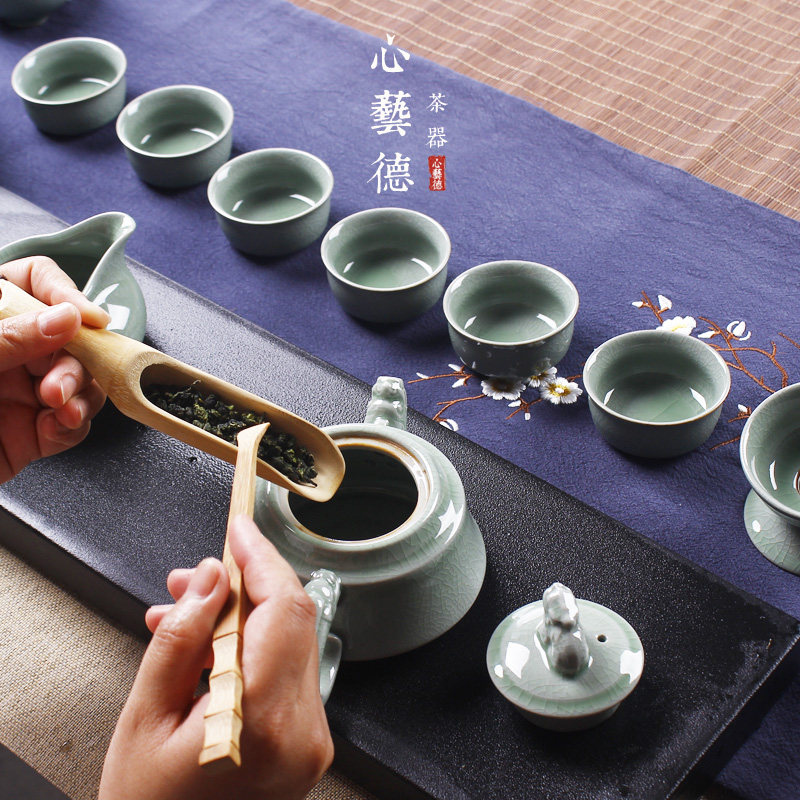 青瓷哥窑功夫茶具整套装陶瓷冰裂纹理开片家用喝茶茶具茶壶茶杯