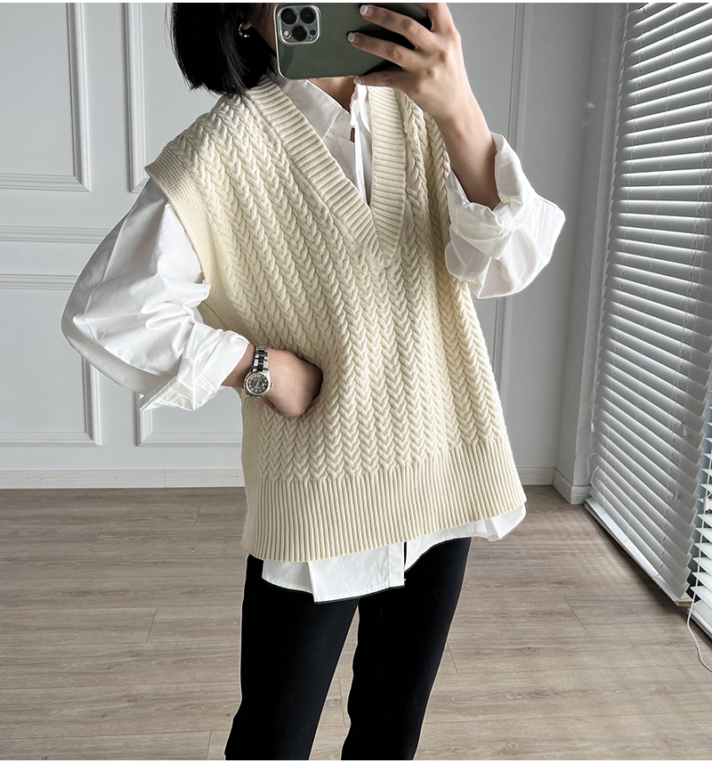 简洁版落马夹背心毛衣肩袖宽松干净绞花经典毛针织衫