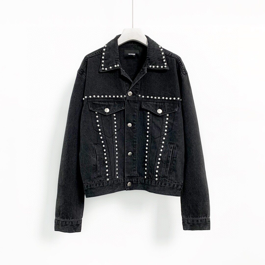 正确we11done20fw秋冬新品重工珍珠牛仔外套刺绣铆钉短外套