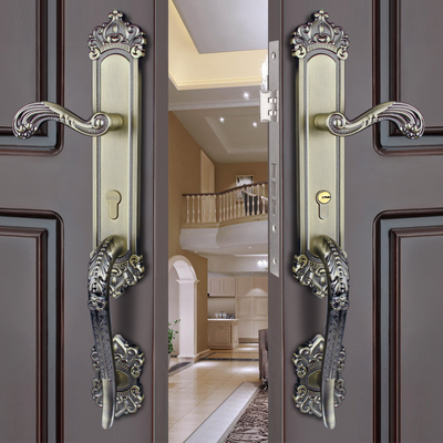 酷隆欧式门锁三件套双开门锁木门锁对开子母门锁静音实木门把手