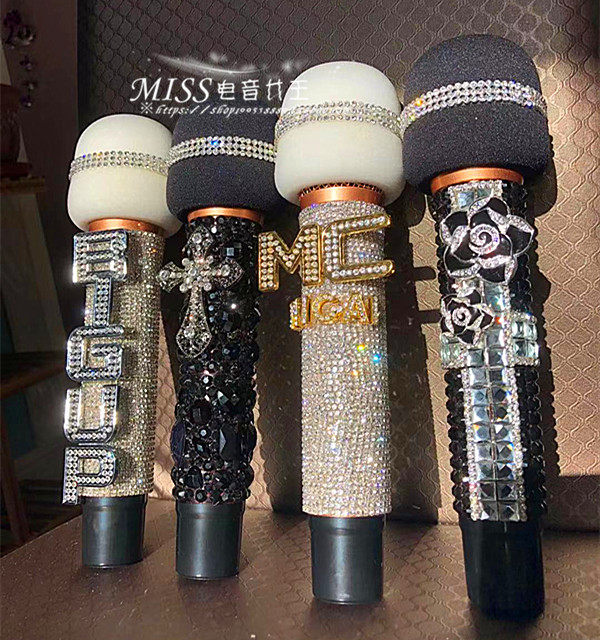 麦克风镶钻定制服务ktv贴钻话筒水晶装饰个性道具定制