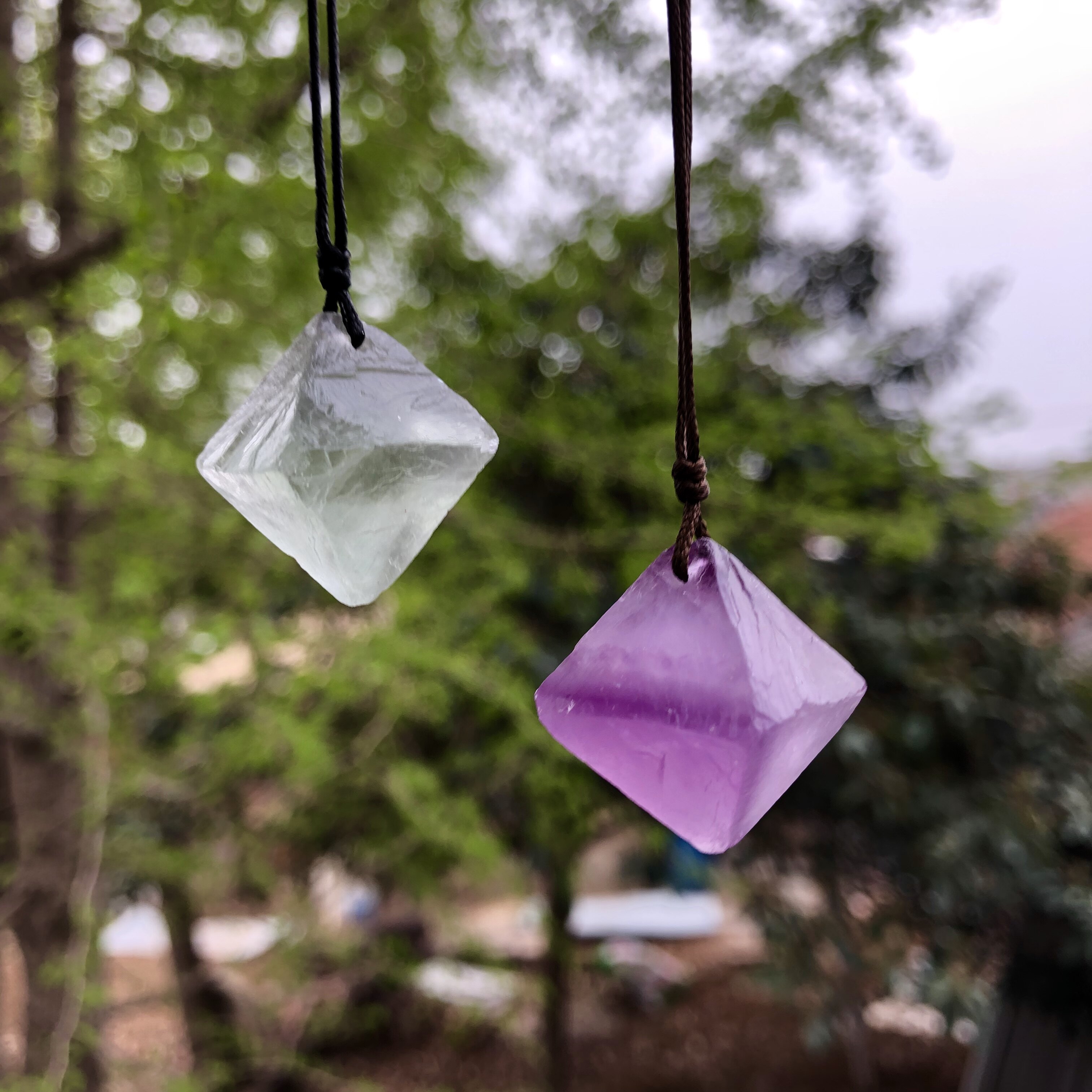 萤石吊坠锁骨毛衣链紫项链天然原石八面体男女项坠