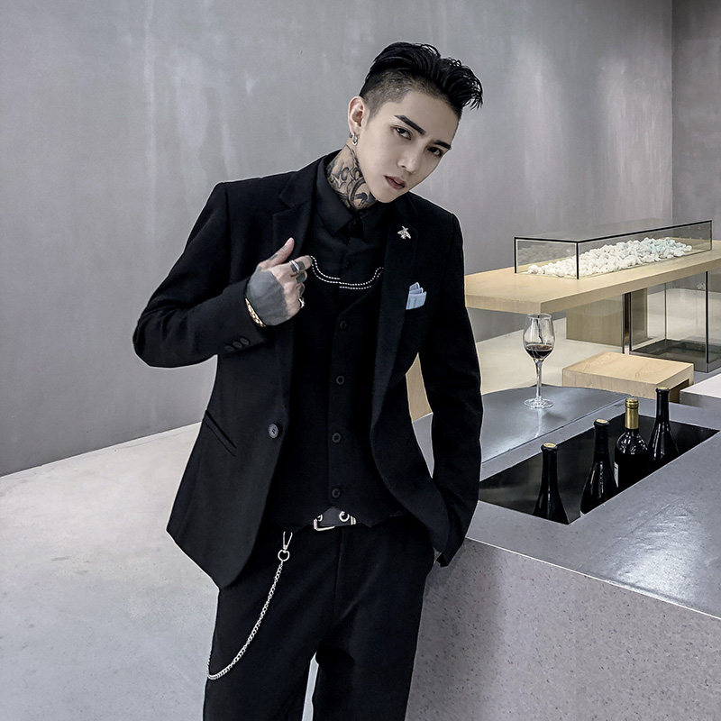 四季款韩版ins禁欲系休闲西装三件套正装西服男生婚礼服伴郎服dz1