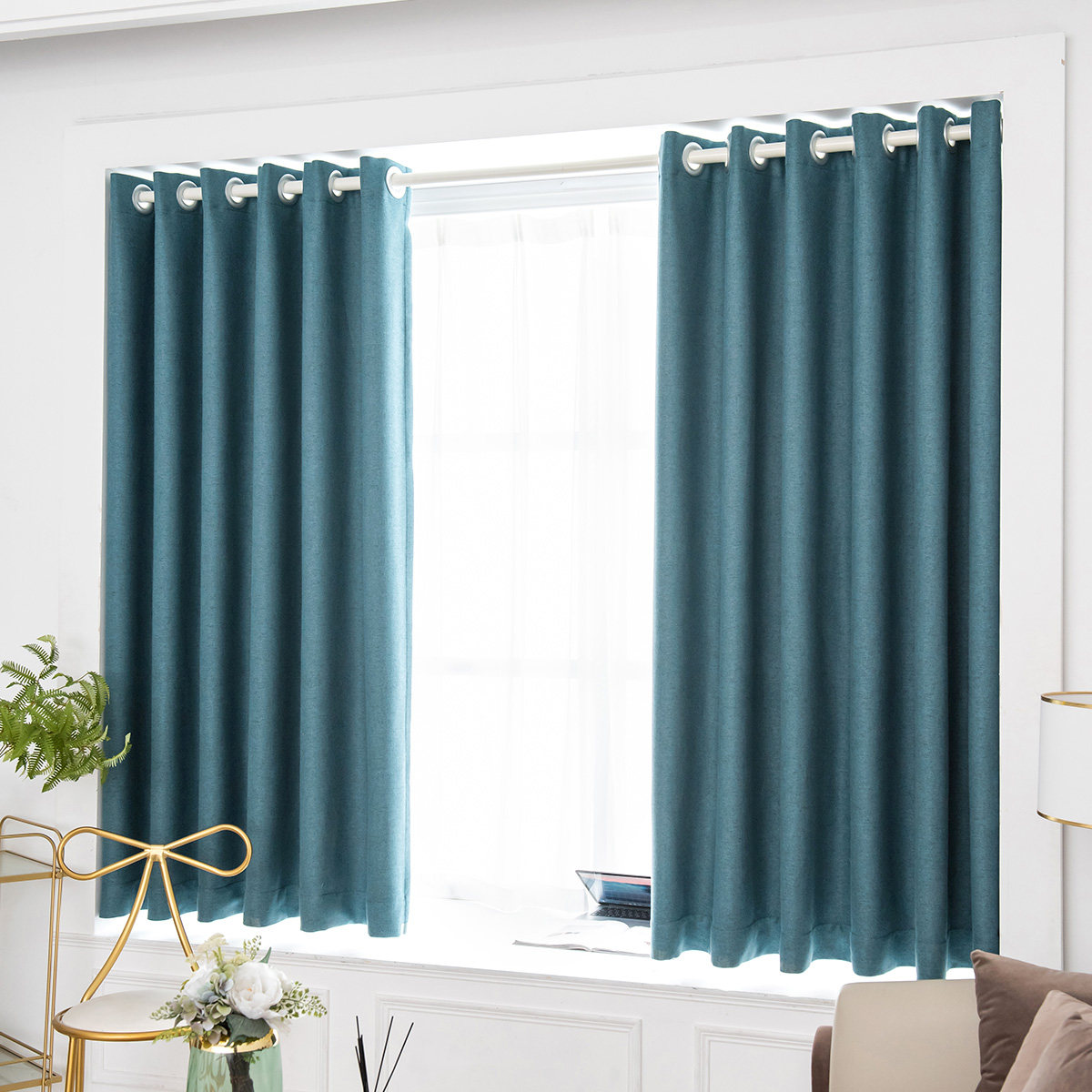 水星家纺窗帘打孔安装伸缩一整套成品遮光卧室飘窗成品窗帘