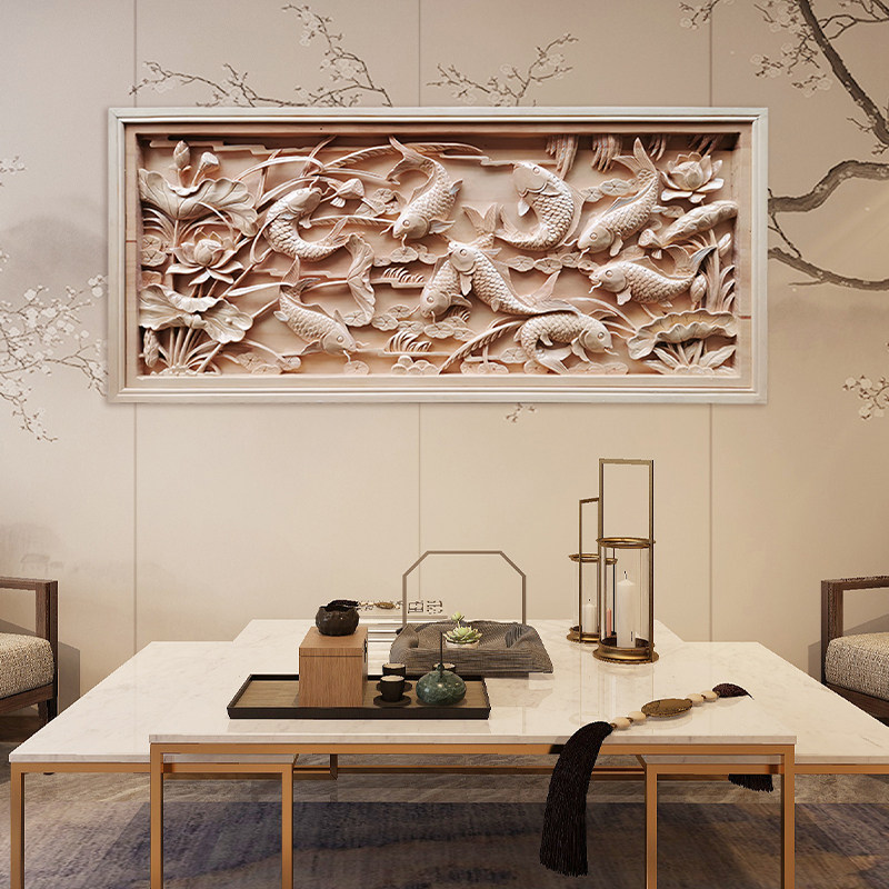 东阳九鱼装饰画背景墙中式木雕新中式浮雕立体椴木木雕