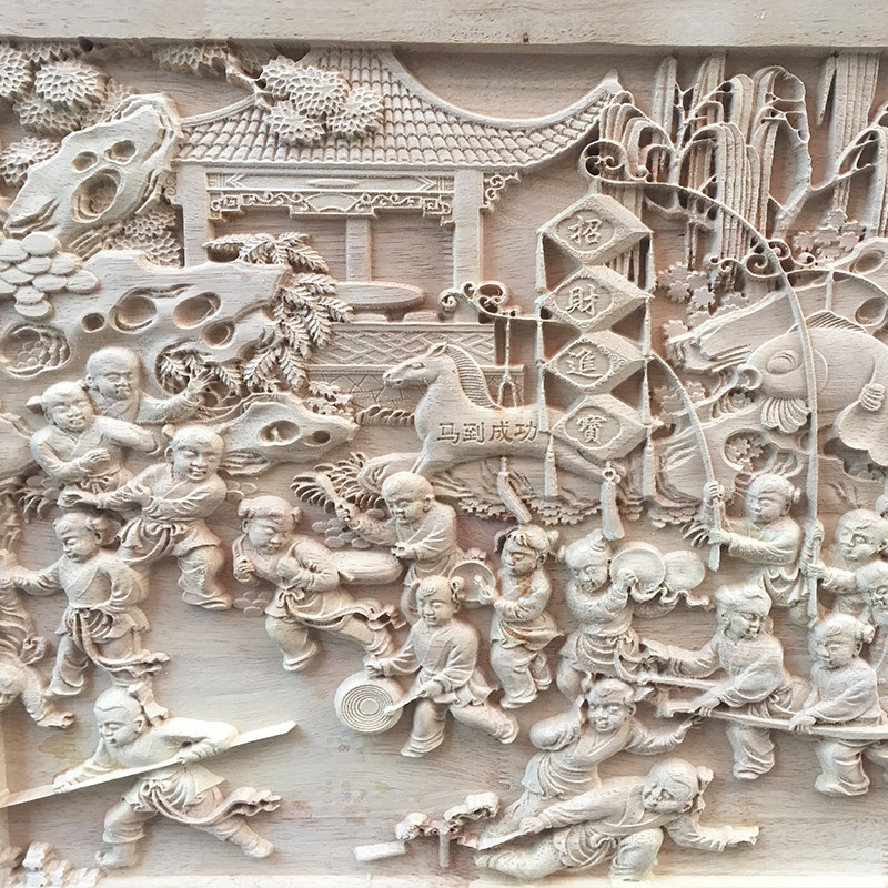 东阳木雕手工雕刻中式背景墙装饰画浮雕挂件百子木雕