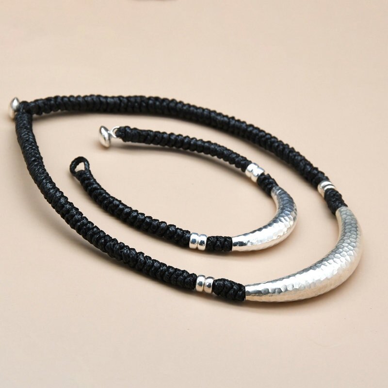 项链纯银敲面弯管时尚百搭大月月牙锁骨编织项链