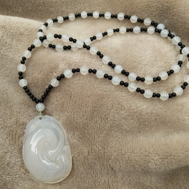 简约气质女生项链时尚中国风毛衣珠链白玛瑙玉髓百搭挂件棉麻配饰