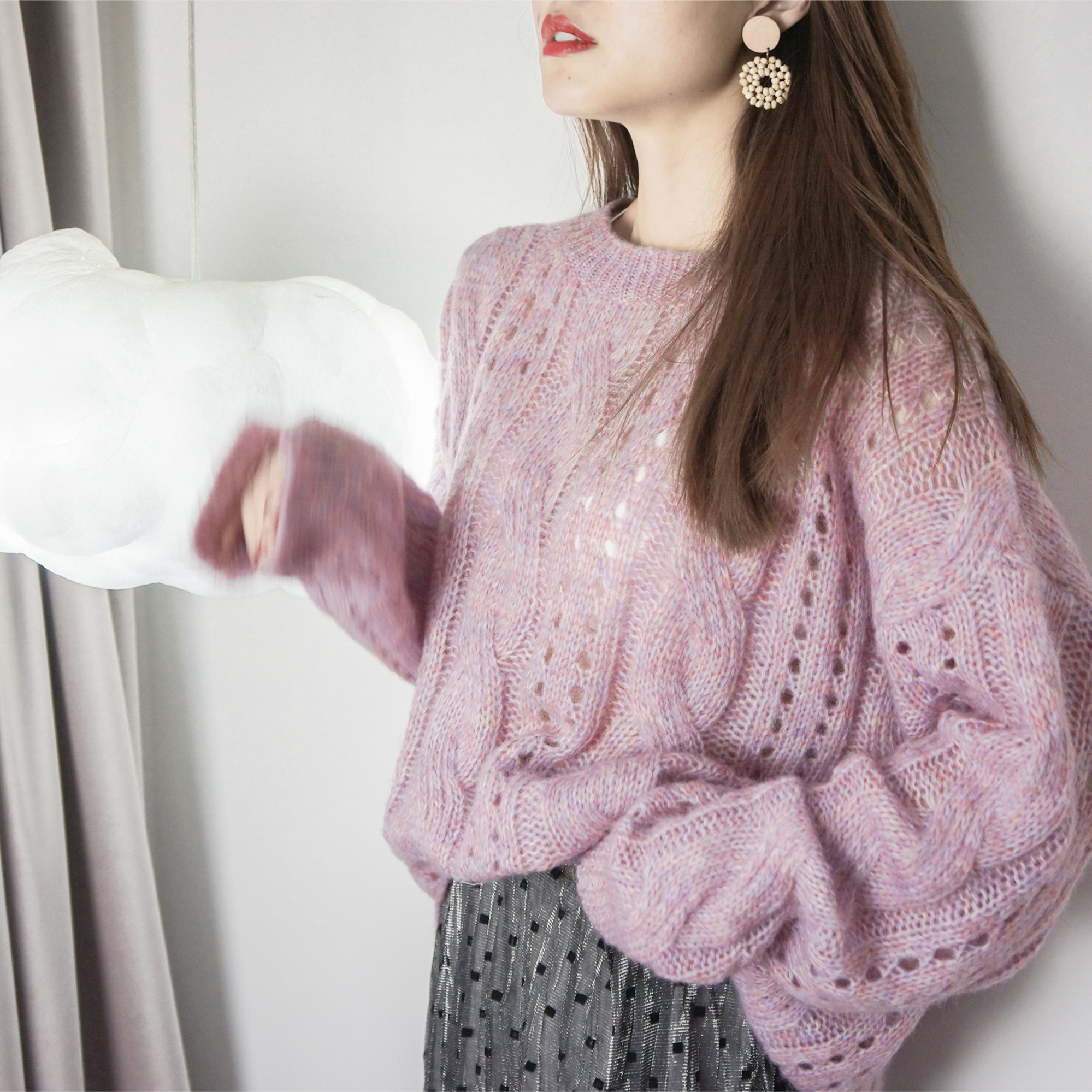 彩虹三色色纱麻花马海毛宽松套头针织衫上衣毛衣毛针织衫