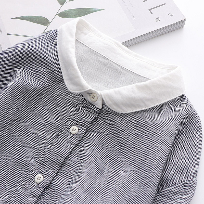 日系文艺小清新拼接娃娃领宽松格子双层棉纱衬衫女长袖通勤打底衫