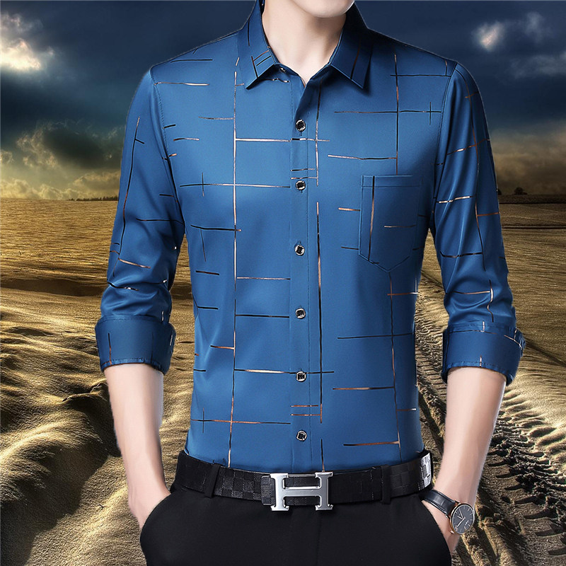 爸爸男士长袖衬衫中青年夏季薄款衬衣冰丝丝棉衬衫