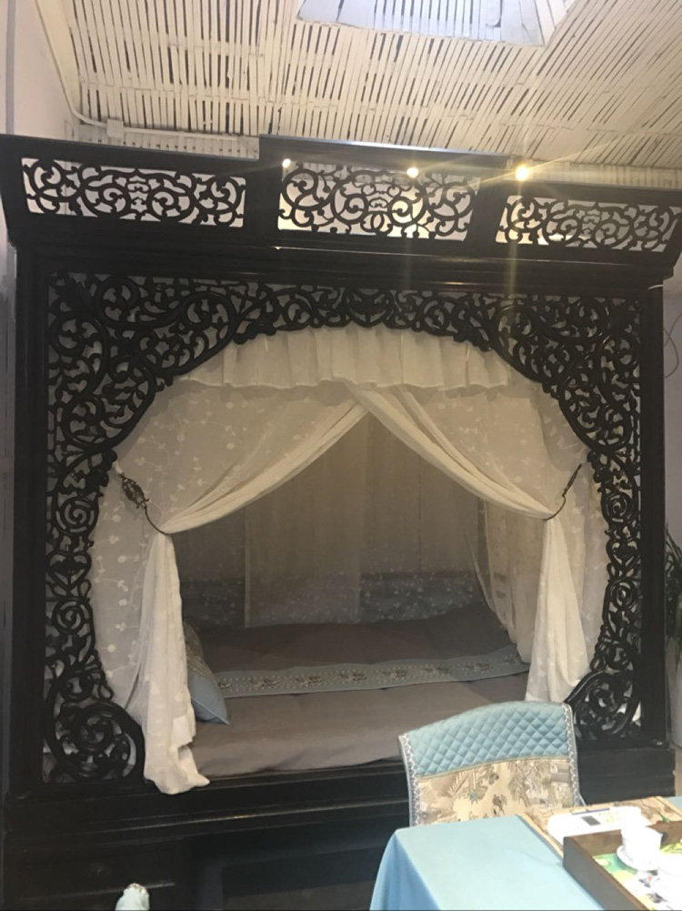 中式床幔蚊帐整体绣花棉麻粉色床民架子双月床幔