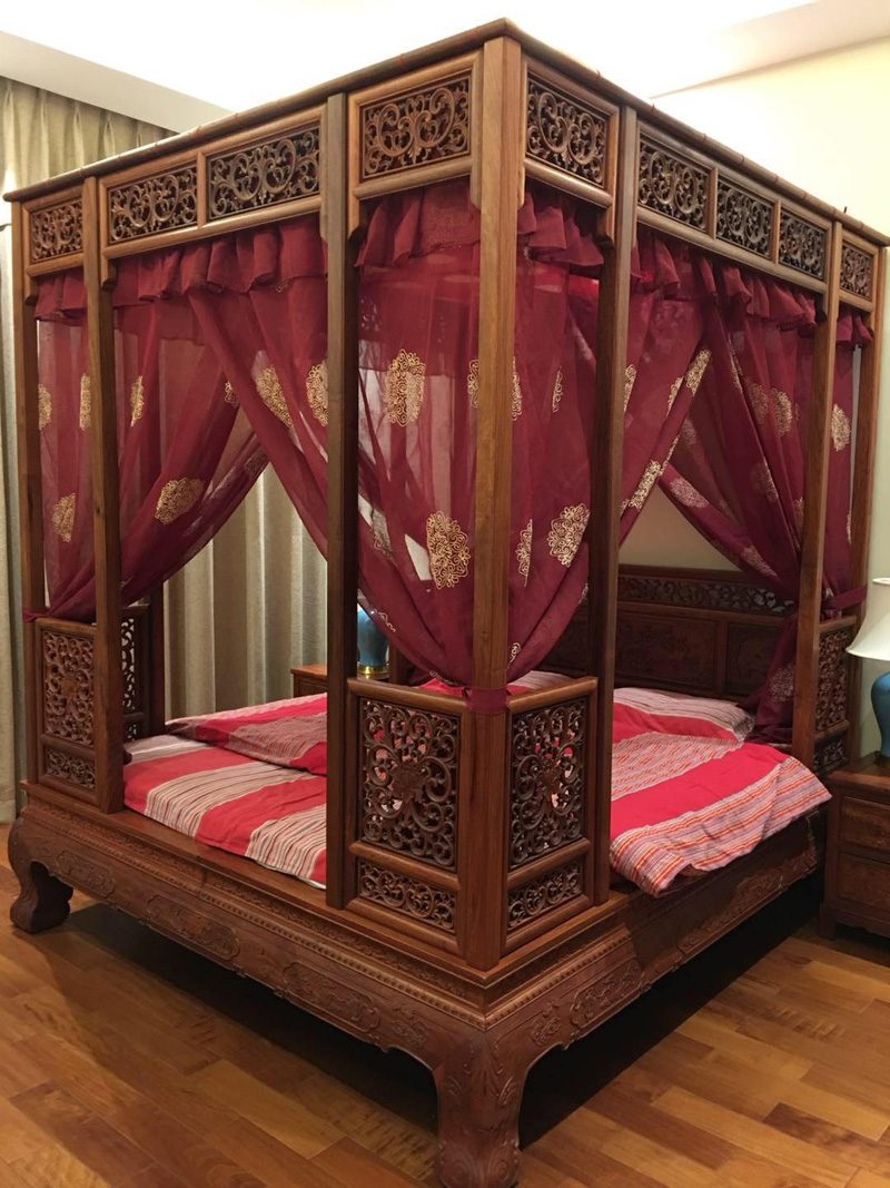 中式红麻床幔蚊帐喜庆结婚麻纱床酒架子双月床幔