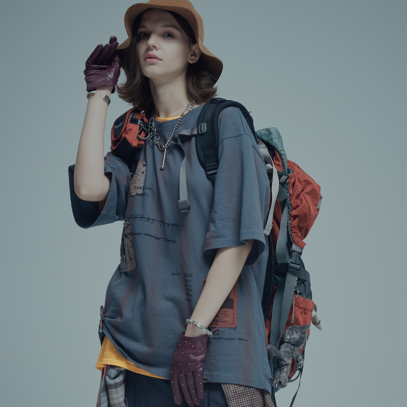 A SQUARE ROOT条纹喷绘复古毛边散口贴布男女宽松短袖T恤男女潮牌