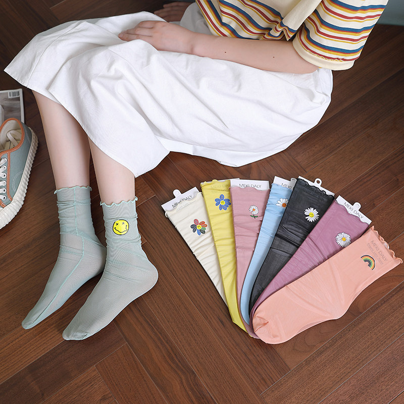 彩虹网纱堆堆袜女韩国网红夏季超薄甜美花朵ins中筒袜