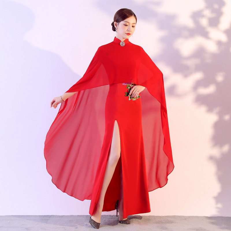 改良走秀鱼尾旗袍披风套装表演演出服2020新品旗袍