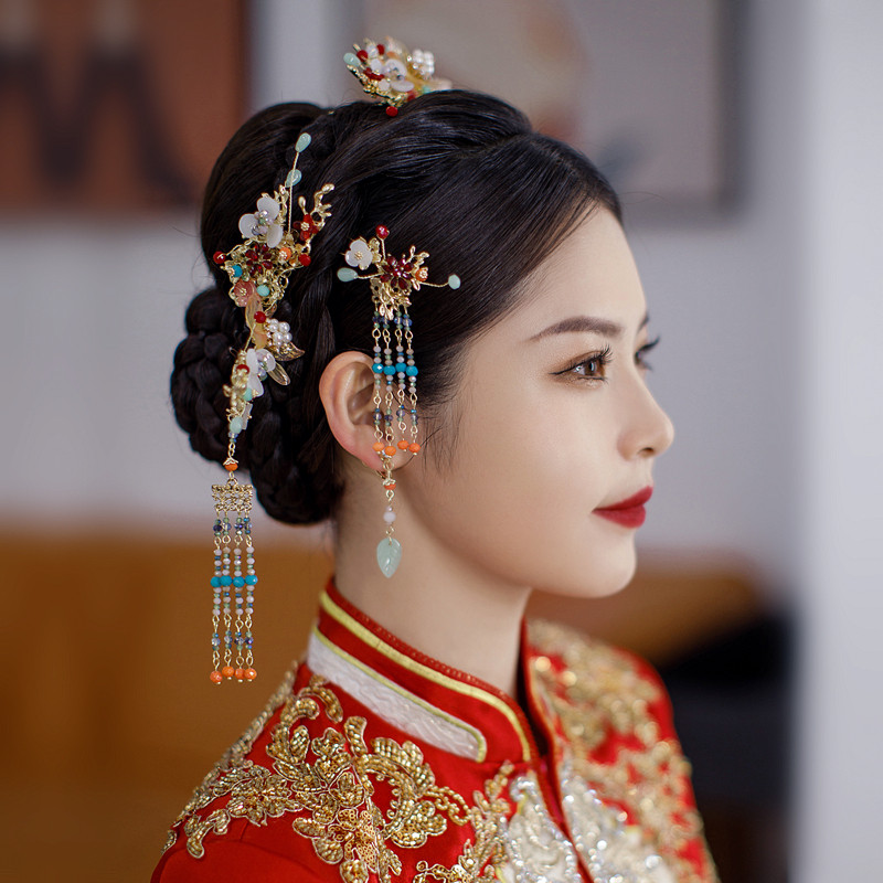 新款中式秀禾龙凤敬酒服头饰品新娘结婚流苏发饰