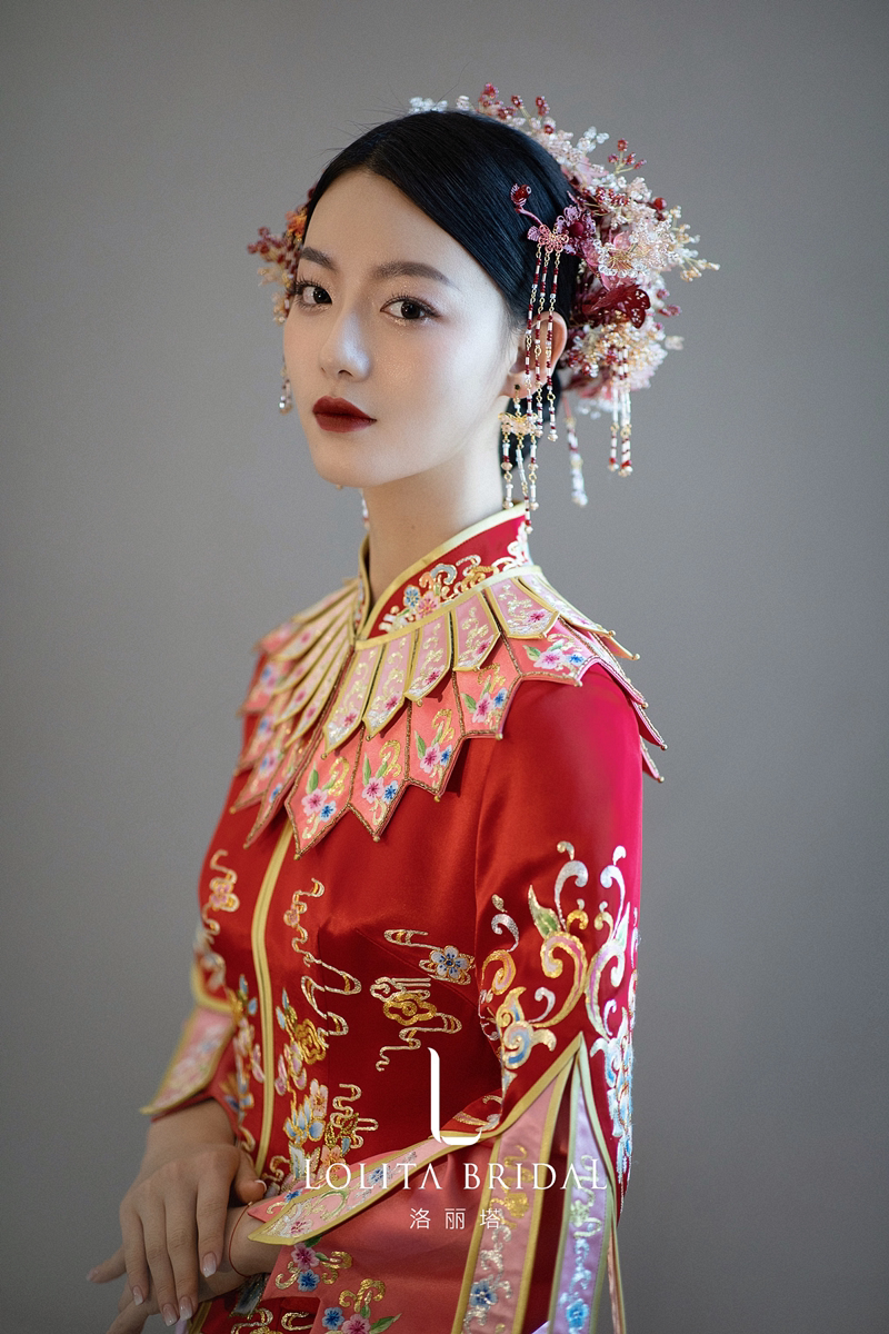 中式结婚古装秀禾凤冠流苏红色花冠婚礼水晶花发饰