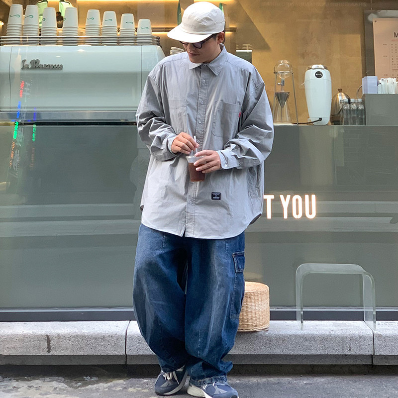 whosetrappopeyecityboy美式oversize卡其细格衬衫休闲舒适夹克