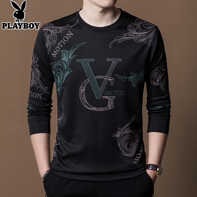 花花公子春秋新款长袖T恤男士薄款卫衣体恤中青年印花上衣服潮流