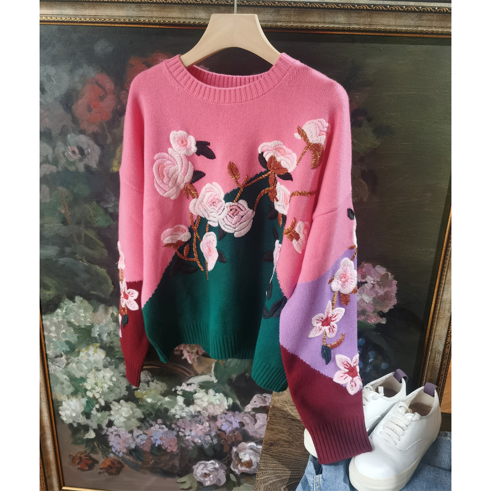 重工立体刺绣花朵宽松慵懒纯羊毛羊绒毛衣粉色绣花线衫毛线衣女