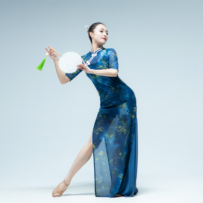 渔光曲弹力旗袍舞蹈网纱表演古典开叉长款练功民族服装