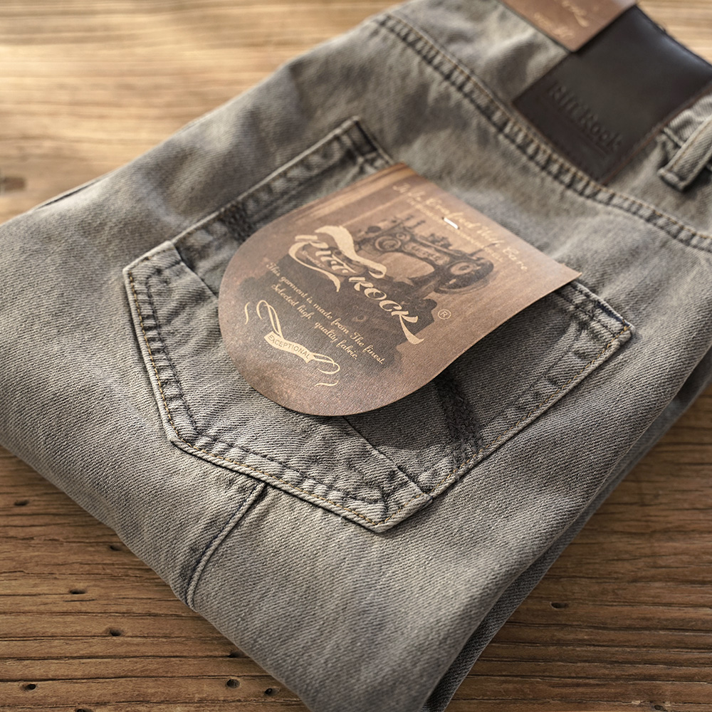美式复古重磅男裤纯棉水洗牛仔裤灰色修身直筒裤立体剪裁做旧长裤