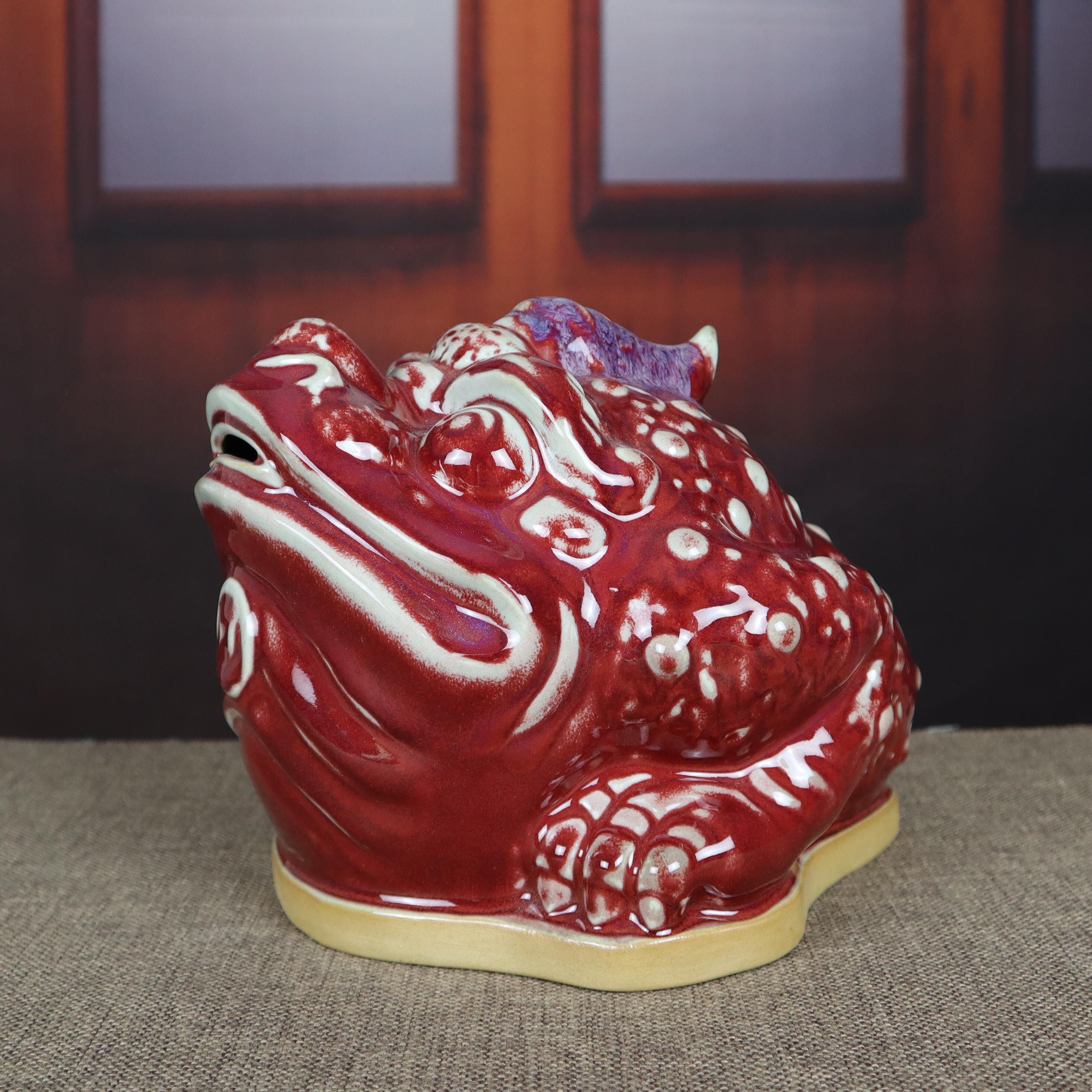 金蟾禹州钧瓷花瓶红色三足家居书房陶瓷器台面摆件