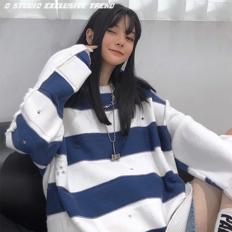 NEXTDAWN 街头破洞破坏条纹毛衣情侣宽松不规则做旧长袖上衣男女