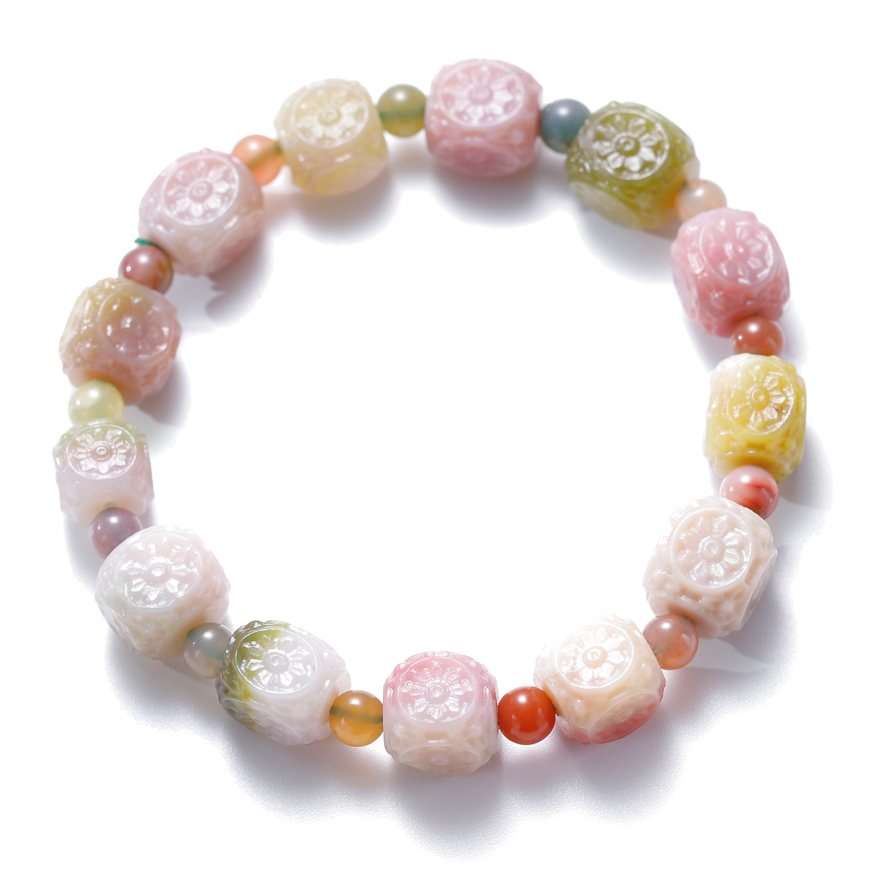 手链天然老矿七彩盐源玛瑙方糖雕花三色满肉单手链