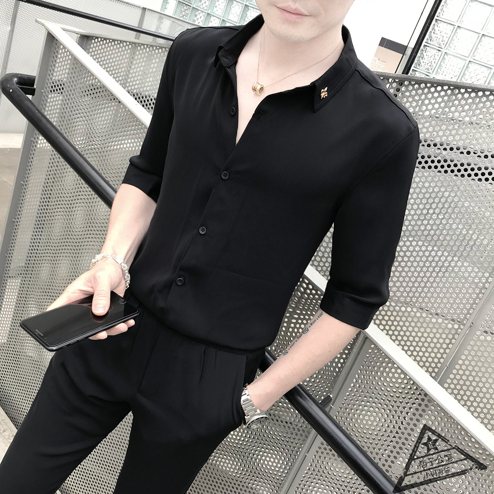 短袖衬衫套装韩版修身时尚纯色帅气理发师夜场衬衫