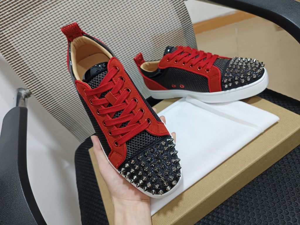 欧洲站cl男鞋铆钉拼色鞋面红底鞋潮流低帮真皮休闲板鞋