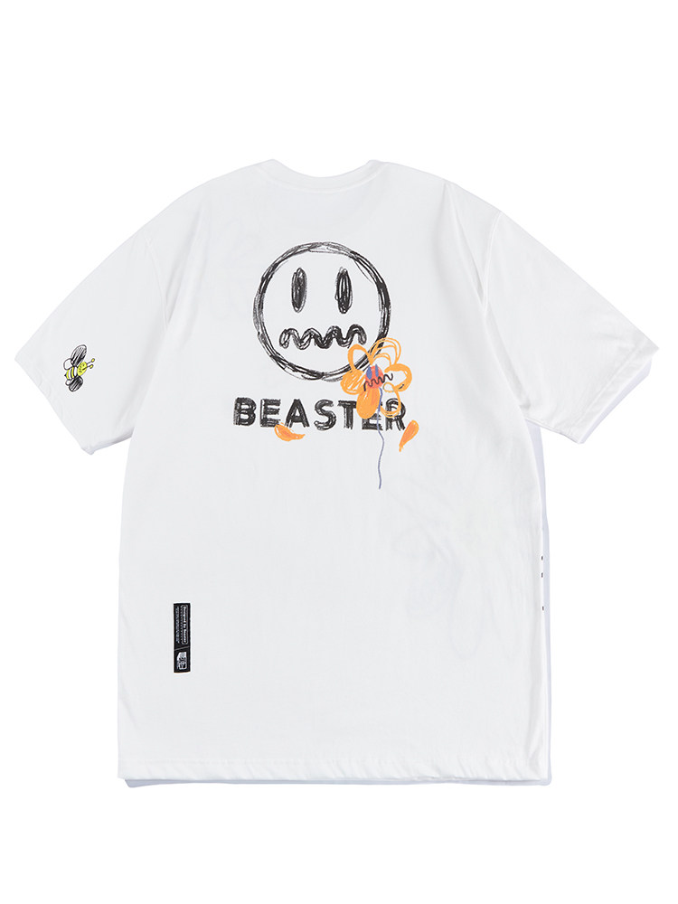 beaster小恶魔鬼脸花朵短袖男字母手绘潮流圆领宽松上衣情侣t恤夏