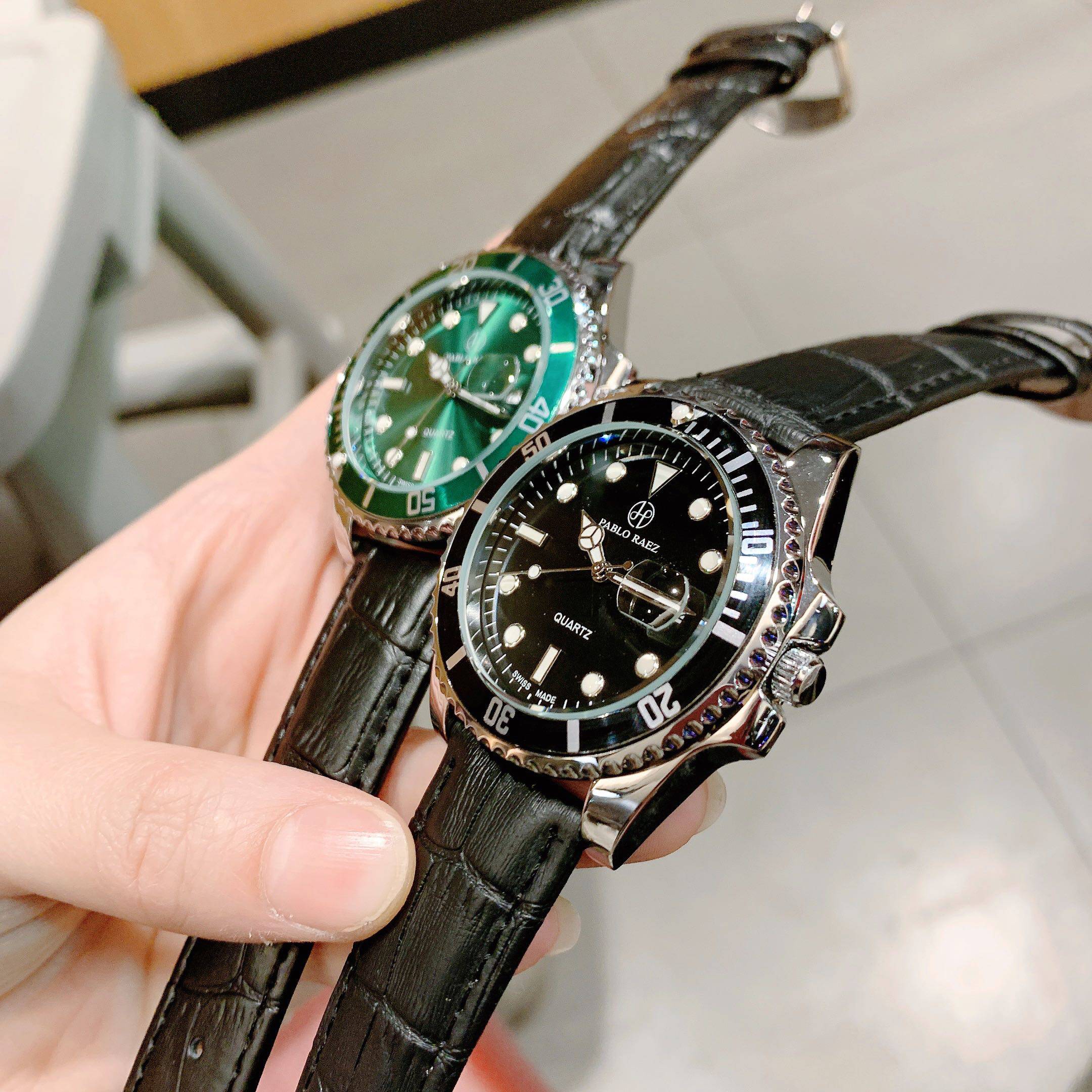 pablo raez黑绿表盘时尚男士皮带腕表石英表气质商务休闲手表包邮