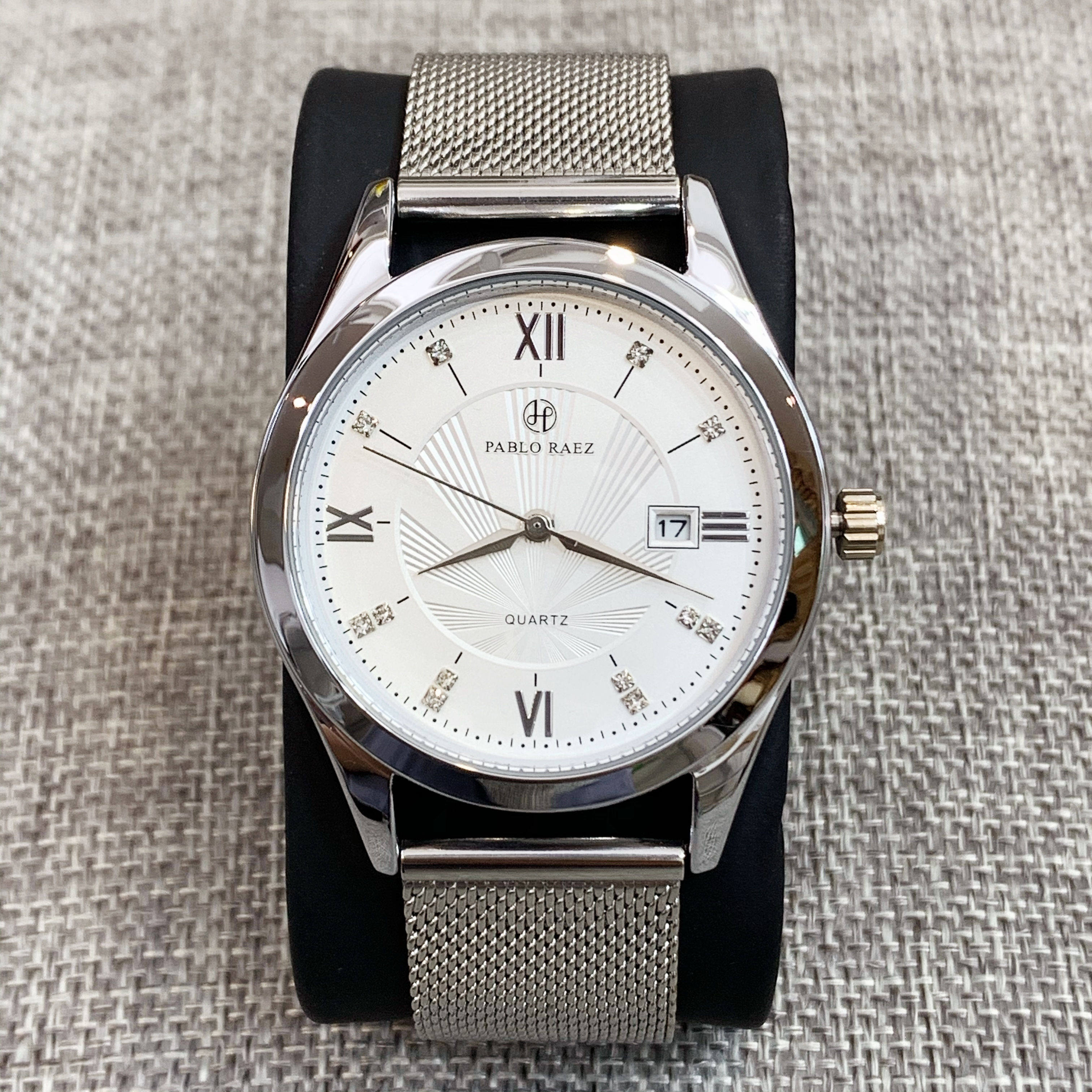 pabloraez新品时尚男士腕表不锈钢网带设计银色国产腕表