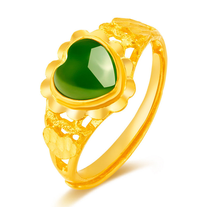 宝蒂兹黄金戒指女款爱心心形金镶玉戒指足金 妈妈母亲节礼物