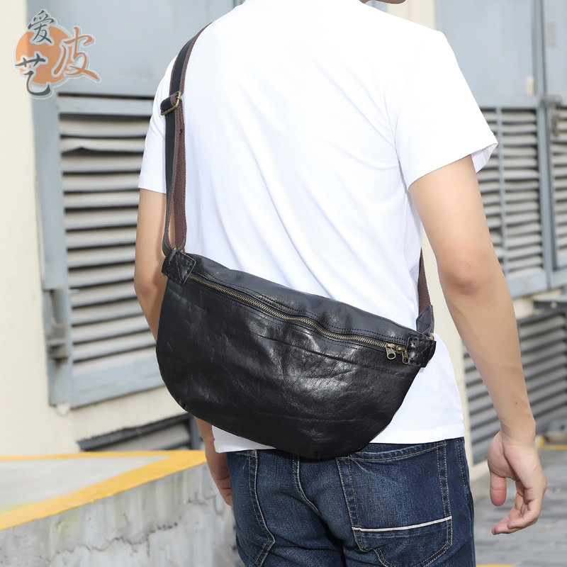 超级大胸包手工机车包男头层牛皮日式复古真皮拉链胸包